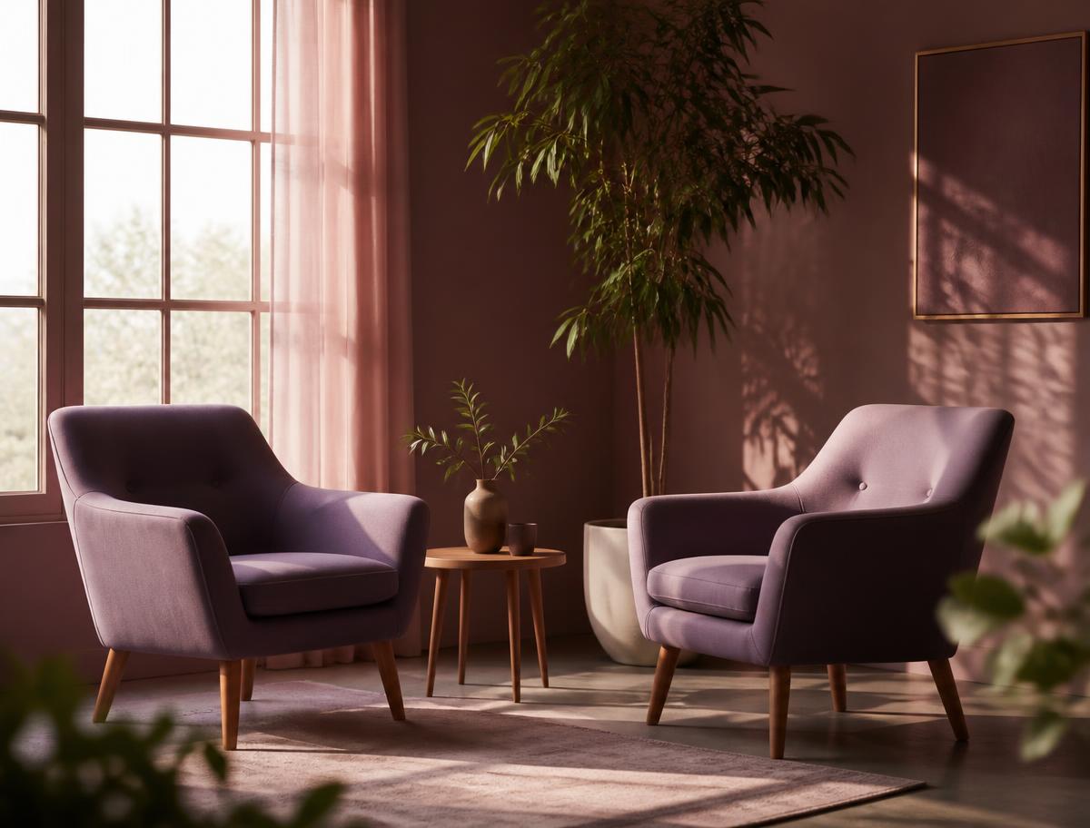 Two soft armchairs by a sunlit window in a calm consulting space
