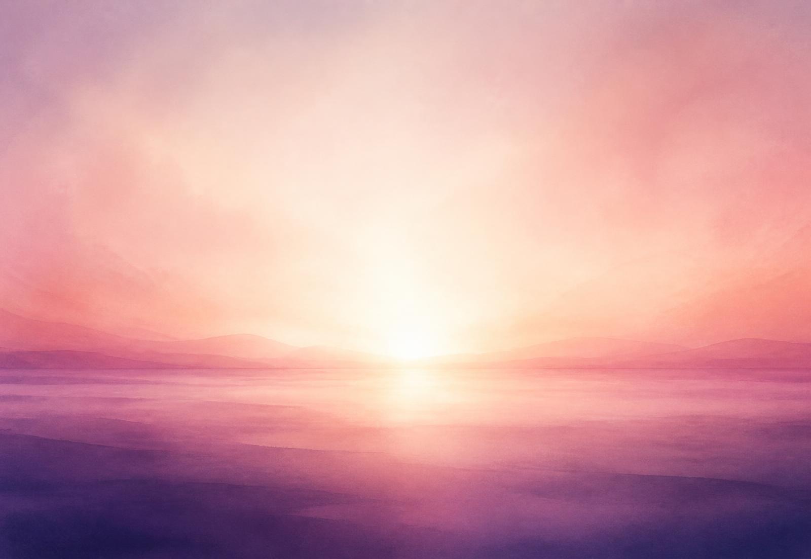 Soft sunrise over a still horizon in rose and violet tones
